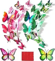 24Pcs Butterfly Wall Decor 3D Butterflies Stickers Lifelike Butterfly Decoration Removable and Reusable Removable Stickers Wall Decals (Red, Green)