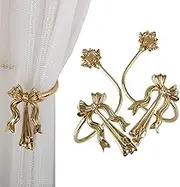 Brass Curtain Holdbacks Set of 2,Bow Style Curtain Holders,Vintage Decorative Drapery Tiebacks, Wall-Mounted Hooks for Window Treatment