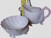 Vintage Belleek Pink Neptune, green mark sea shell sugar and cream set IRELAND
