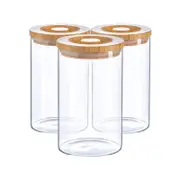 Argon Tableware 3 Piece Glass Jar With Wooden Lid Storage Set - Round Scandinavian Style Airtight Canister - 1 Litre