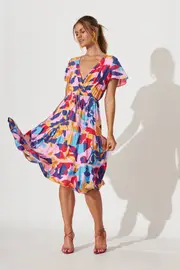 Aquarius Midi Dress Short Sleeve in multicolor Bright Multi Leaf Print 8