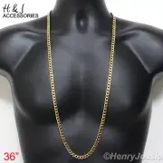 36"MEN Stainless Steel 6mm Gold Plated Classic Cuban Curb Link Chain Necklace