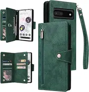 [YocoverTech] for Google Pixel 6 5G Case,for Google Pixel 6 5G Wallet Case[6 Card Slots and 1 Zipper Coin Pocket] PU Leather Stand Flip Cover with Wrist Strap for Google Pixel 6 5G[6.4 inch]-Green