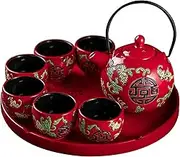 Tea Sets Set Service Red Porcelain Tea Pot with 6 Cups and Tea Tray for Adults Men Women Tea Ceremony for Wedding Party