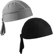 [Tomedeks] 2-pack Cycling Bandana Cap,Quick Dry Sports Bandana, skull caps for men,Adjustable Pirate Headwear,Sun Protection Running Beanie Bike Motorcycle Headgear Under Helmet Cap,Black, Gray, Black,