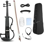 WUQIMUSC Electric violin 4/4 full size Silent Electric Violin Solid Wood body Ebony Fittings with case,bow, headphone,cable,strings for Students, Beginners and Adults (Black)