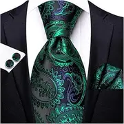 [VSOLS] Men's Blue Black Striped Tie 3.4" Tie Pocket Square Cufflinks Wedding Party Silk Tie Set (Color : SN-3391, Size : 59.06 * 3.35in)
