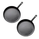 2x 26cm Round Cast Iron Frying Pan Skillet Griddle Sizzle Platter