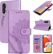 [Cavor] Wallet Case for Samsung Galaxy A14 5G 6.6'' PU Leather Case Magnetic 3D Embossed Flower Women Flip Kickstand with Card Holder Wristlet Hand Strap Protective Cover-Flower Purple