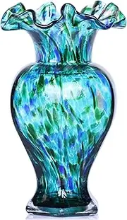 9.4" Tall Teal Blue Glass Vases for Flowers,Hand Blown Glass Vases for Centerpieces, Modern Murano Glass Art Vase for Home Decor,Glass Art for Table Entryway Wedding Decoration (Teal)