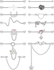 [ORAZIO] 13PCS Industrial Piercing Jewelry 14G Surgical Steel Earrings Barbell With Chain Snake Moon Cartilage Helix Bar for Women Men