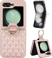 [XNXCEVI] for Samsung Galaxy Z Flip 5 Case with Ring, Premium Leather Back Cover Anti-Scratch Shockproof Case for Galaxy Z Flip5 (Rose Gold)