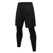 Men 2 In 1 Running Shorts Compression Pants Sport Leggings Breathable Quick Dry Tights Black L