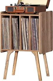 LELELINKY Record Player Stand,Vinyl Record Storage Table with 4 Cabinet Up to 100 Albums,Mid-Century Modern Turntable Stand with Wood Legs,Oak Grey Vinyl Holder Display Shelf for Bedroom Living Room
