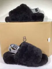 UGG Women’s Size 7 EU 38 Black Fluff Yeah Slingback Slides Slippers AJ-119