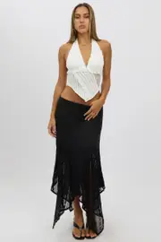 Black Lace Elastic Waist Scarf Hem Maxi Skirt - Size 14L, Women's Midi Skirt