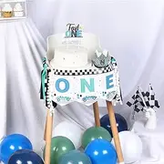 Jollyboom Fast One Birthday Decorations for Boys, Vintage Retro Racing Car Fast One High Chair Banner Birthday Hat Cake Topper for Boy Let's Go Racing 1st Birthday Party