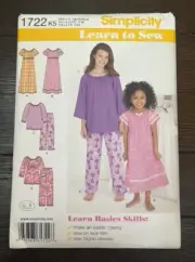 Simplicity 1722 Girls Nightgown Lounge Pants Pajamas Sz 7-14 Learn to Sew Uncut