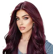 Dark Red Wig Human Hair,Red Colored 25 Inch Frontal Bouncy Wave Wigs - Wine Glueless Hair, Realistic Look, Transparent Lace For Women, 13x6 Curly Front For Outing Date, Girls