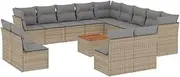 vidaxl Garden Sofa Set - 14 pc Outdoor Patio Seating w/Storage & Cushions - Poly Rattan/Beige Mix - Acacia Tabletop - uv Resistant