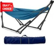 Portable Uniki Double Hammock with Stand 550 lbs Capacity Breathable Canvas Blue