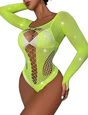 [WaKallsmo] Sexy Fishnet Mesh Top Lingerie for Women Rhinestone Mesh Bodysuit Sparkle Teddy lingerie Sexy Outfit