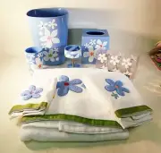 9 Piece Bloomers Bath Accessory Set - Shower Hooks, Dispenser, Towels, Tumbler