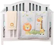 Sweet baba Jungle Animals Crib Bedding Set for Baby Boys, White Crib Set, 4 PCS Nursery Bedding Set with Crib Quilt/Sheet/Dust Ruffle/Blanket