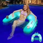 FlyfreeU Pool Floats Adult with Solar Lights, Inflatable Pool Float Chair with Cup Holder & Phone Holder, Thick Pool Floaties for Adults, Dual Handles Pool Chair Float for Swimming Pool Lake Water Fun