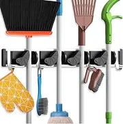 ROROUP Mop Broom Holder Wall Mount, Metal Heavy Duty Hooks Hanger Organization and Storage, Utility Tool Organizer Wall Hanger for Home Garage, Kitchen and Laundry, 4 Positions with 5 Hooks (Black)