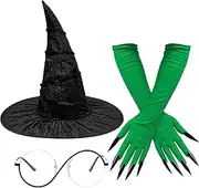 Horolam Witch Elphaba Costume Accessories, Elphaba Hat Witchy Glasses Glinda Gloves for Adult Women for Cosplay Dress Up, Green