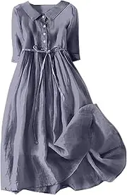 [Generic] Women's 3/4 Sleeve A Line Dresses Trendy Button-Front Midi Shirt Dress Cotton Linen Solid Midi Shirt Dress