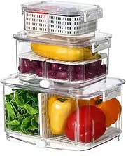 Felli Duo Fresh Produce Saver, ALL IN ONE Veggie Fruit Basket for Fridge with Vent & Drain, Colander Strainer Tray, Kitchen Refrigerator Washing Bin for Berry Vegetable Storage Container, Gifts
