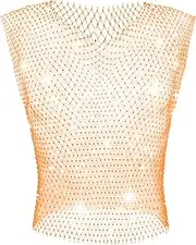 [GENEMEN] Rhinestone Mesh Top Men Fishnet Tank Top Sexy Sleeveless Cropped Shirt Rave Sheer Vest