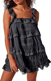 [Ｗoowayo] Gacaky Women's Summer Casual Sleeveless Rompers Ruffle Flowy Boho Sun Dress Loose Mini Dress with Built-in Shorts White S