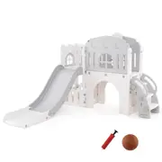 Babyjoy 9-in-1 Toddler Slide L-Shaped Kids Climber Playset w/Basketball Hoop Baby Indoor Playground Grey