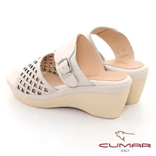 【CUMAR】鏤空皮革楔型涼鞋楔型涼拖鞋(米白色)