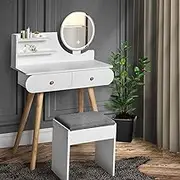 LEVEDE Vanity Desk with Mirror and Stool, Wooden Dressing Table Set with Drawers and Shelves, 3 Colors LED Light Makeup Table for Bedroom, Dressing Room (White)