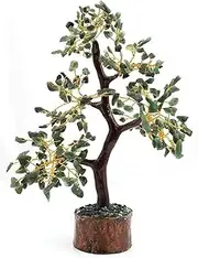 Natural Green Jade Tree Healing Gemstone Crystal Bonsai Fortune Money Tree for Good Luck, Home Office Kitchen Décor Spiritual Gift (Golden Wire and 300 Beads) Size 10-12 Inches (Green Jade)