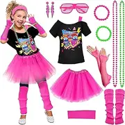 Latocos 14 Pcs 80s Costume Accessories T-Shirt Tutu Skirt Outfits Halloween Cosplay 1980s Theme Retro Party Girls