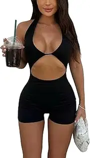 [Ｗoowayo] Women's Cut Out Sleeveless Halter Bodycon Romper Backless Unitard Short Yoga Jumpsuit Black Small