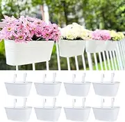 LaLaGreen Outdoor Rail Planter (8 Pack, 9.8 Inch) Small and Cute White Metal Iron Hanging Flower Pots Deck Railings Fence Buckets Countryside Style Wall Mount Window Box Plant Holder Hooks Porch Decor