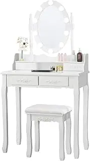 Costway Dressing Table Stool Set, Makeup Vanity Set w/Rotating Mirror, 10 LED Dimmable Bulbs, Touch Switch, 4 Drawers & 2 Dividers, Modern Bedroom Makeup Table with Cushioned Stool (White)