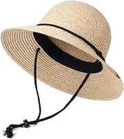 [Generic] Straw Summer Hat Women Hat with Wind Lanyard Wide Brim Beach Hat Foldable Female Summer Caps