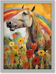 Girls Bedroom Nursery Artwork Rainbow Horse With Flowers Bright Colourful Happy Artwork Framed A3 Wall Art Print