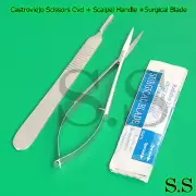 CASTROVIEJO SCISSORS CURVED 4.5"+ SCALPEL HANDLE #3 + 5 SURGICAL BLADES #10