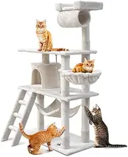 i.Pet 141cm Cat Tree, Cats Scratching Post Multi-Level Tower Pet Scratcher Climbing Trees Posts Indoor Kittens Wooden Play House Kitty Activity Center, with Plush Cover Condo Hammcok Bed Beige
