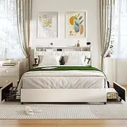 LUBEDCY Queen Bed Frame with Ergonomic Headboard, Platform Bed Frame Queen Size with Outlets & Charger, Metal Bed Frame Queen Size with Storage Shelf, Noise-Free, No Box Spring Needed (White, Queen)