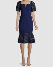 $350 Aidan Mattox Women's Blue Square Neck Short Sleeve Flounce Dress Size 18