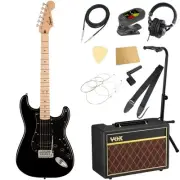 Squier by Fender Sonic Stratocaster HSS MN BLK with VOX amp, 11-piece beginner's
